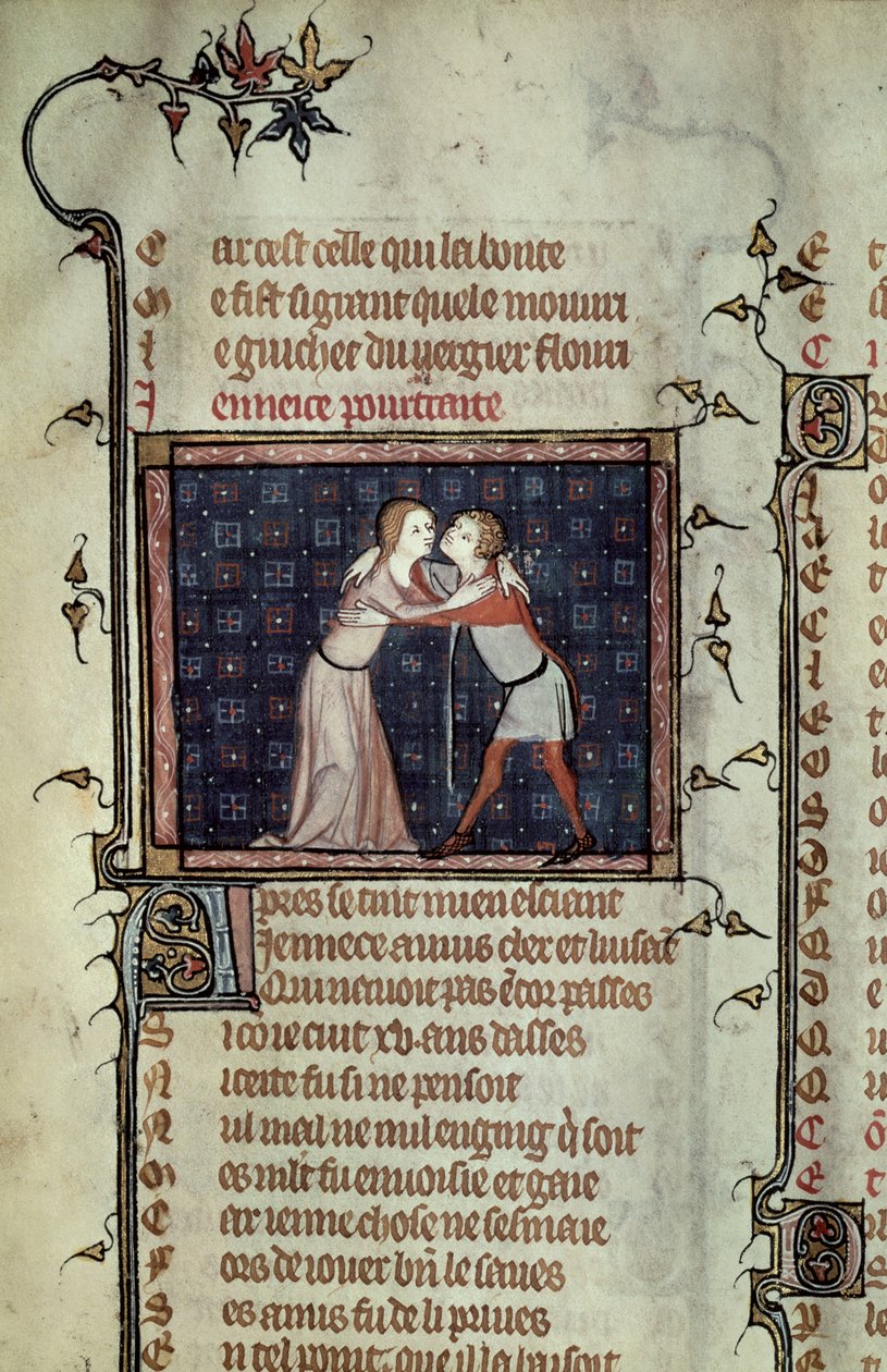 Ms 1126 fol.8r Gençlik ve Sevgi Kucaklama, Guillaume de Loris ve Jean de Meung tarafından Le Roman de la Rose