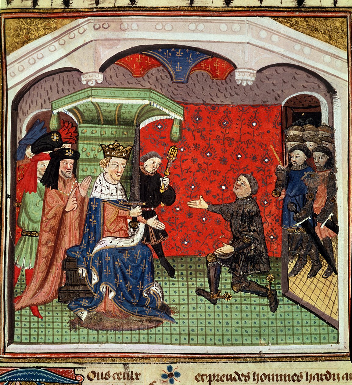 Bayan 1142 fol.4 Bertrand du Guesclin (c.1320-80) V. Charles (1338-80) ve Mahkemesi huzurunda by French School