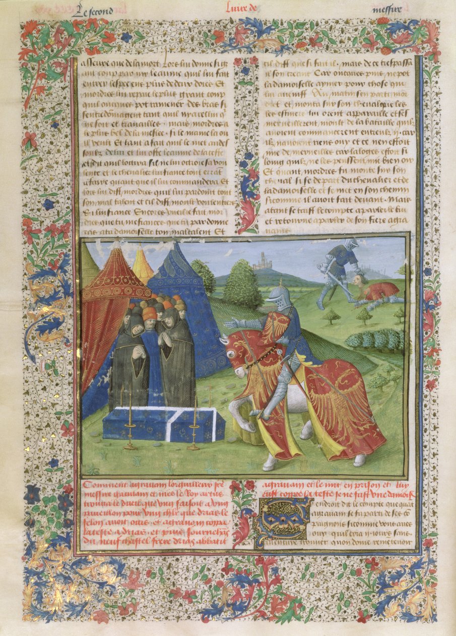 Ms 115 f.425v Lancelot Sir Agravain'i Öldürüyor (parşömen) by French School