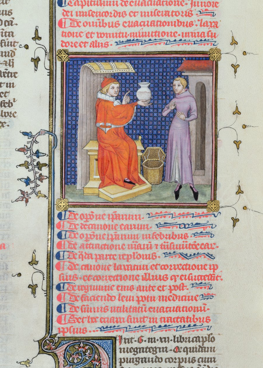 Ms 126 fol.200v Rhazes (İbn Zakariya) (860-c.923) tarafından yazılmış bir el yazmasından idrar analizi yapan bir doktor by French School