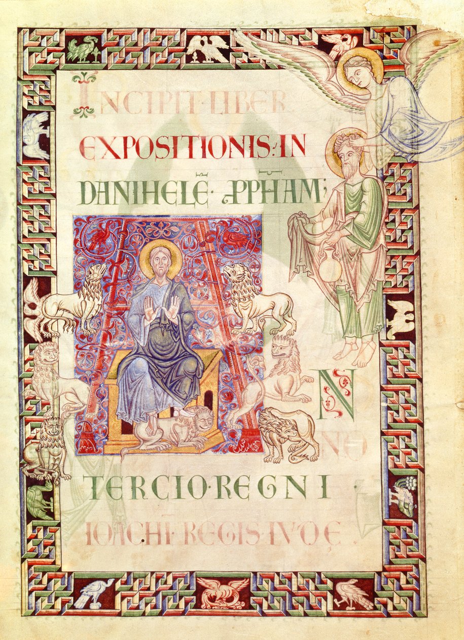 Ms 132 f.2v Daniel in the Lions Den Beslenen Habakkuk, Explanatio in Prophetas et Ecclesiasten, St. Jerome by French School