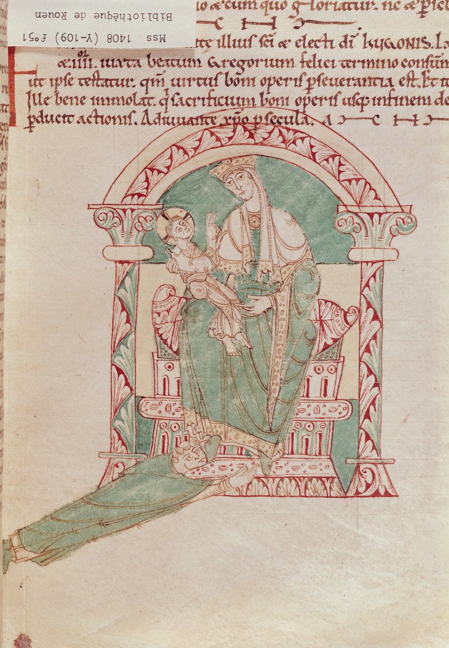 Ms 1408 fol.51 Bakire ve Çocuk ile Aziz Gregory the Great (540-604) Sermons et Vies de Saints