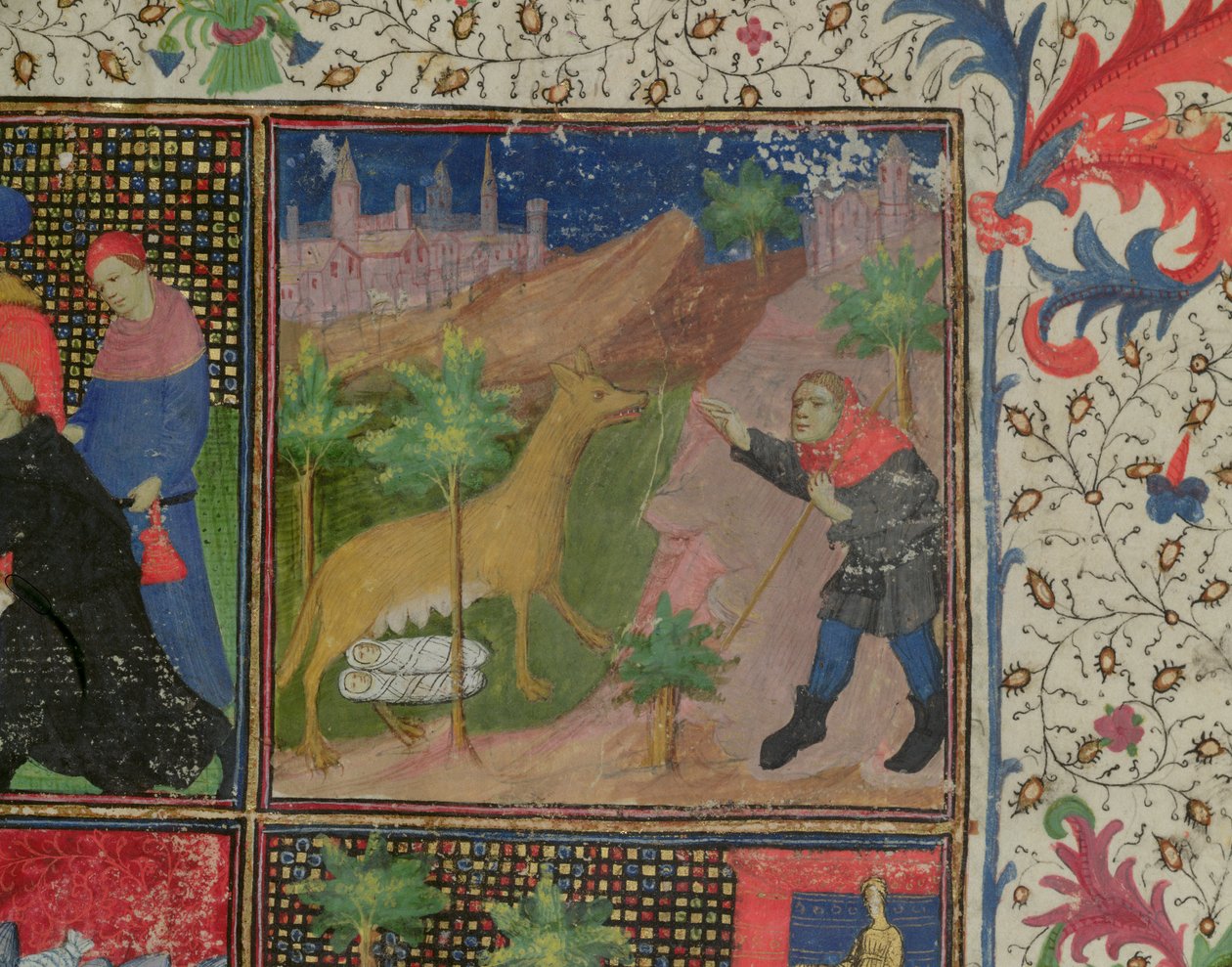 Ms 1595 Romulus ve Remus bir kurt tarafından emzirilirken, Dicta et Facts Memorabilia'dan, c.1475 by French School