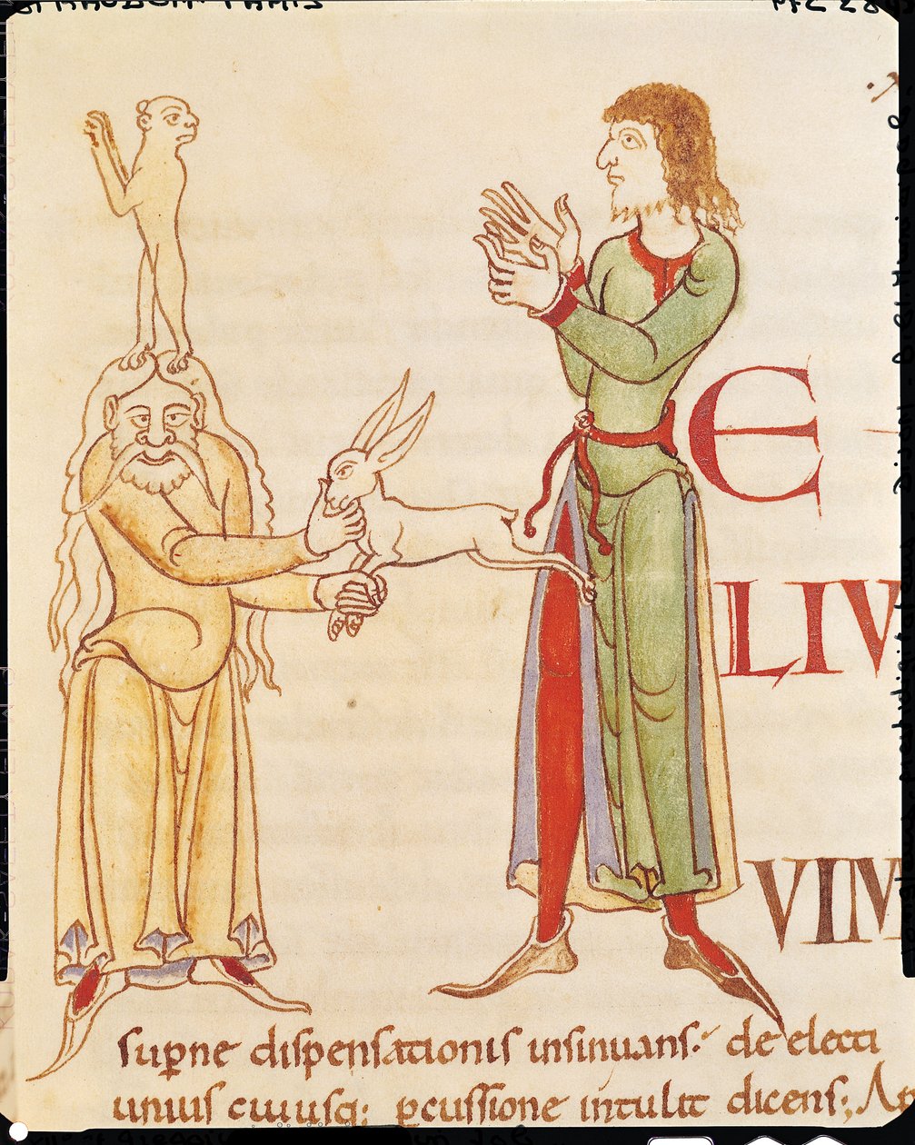 Ms 173 f.66r İlk H, iki sihirbaz şeklinde, Moralia in Job tarafından Pope Gregory the Great, Burgonya Okulu by French School