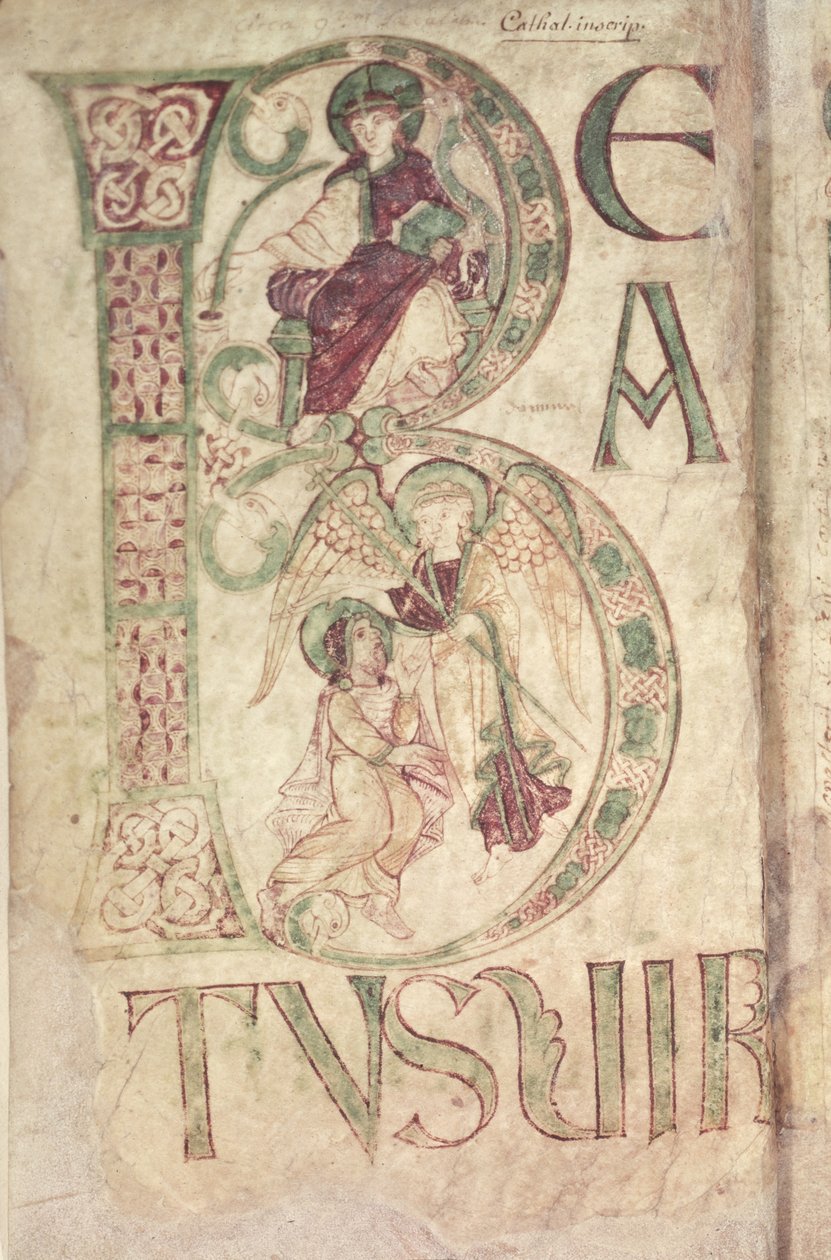Ms 18 f.1v Corbie Mezmurundan St. John the Evangelist ve bir Meleği betimleyen tarihi başlangıç B by French School