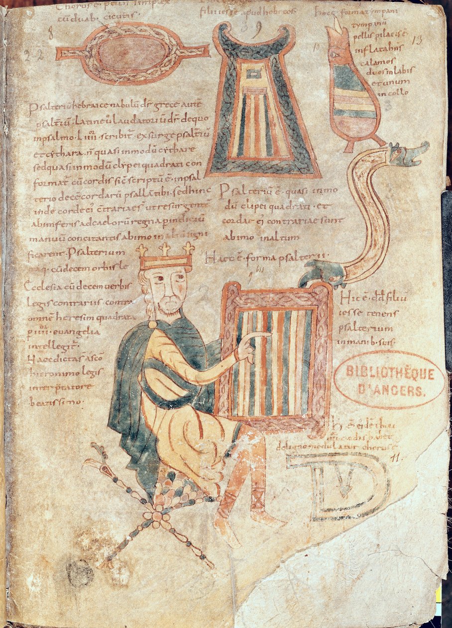 Ms 18 fol.13 Kral David, bir mezmurdan bir zebur çalıyor by French School