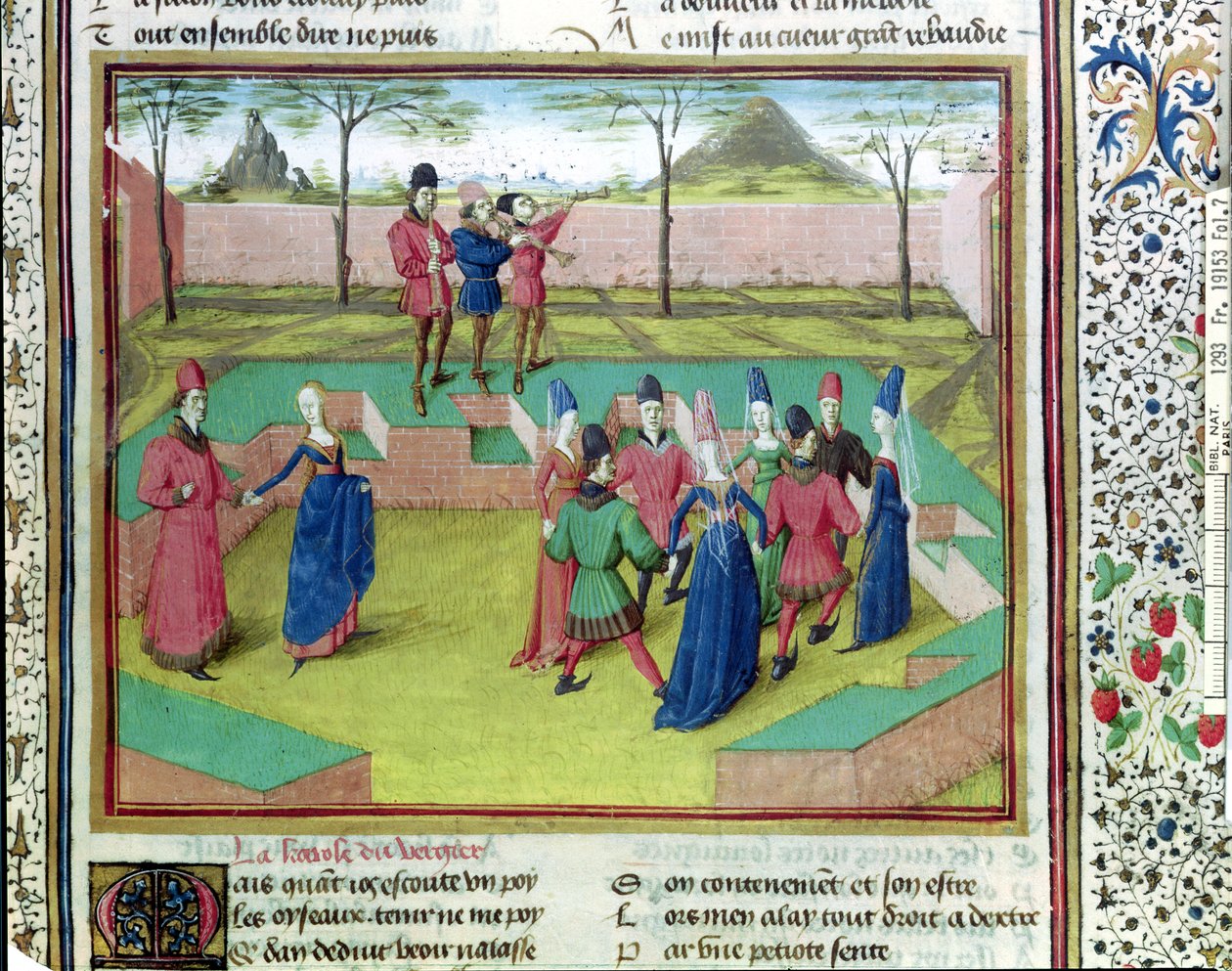 Ms 19153 f.7 Meyve Bahçesinde Bir Carole, Jean de Meung tarafından Le Roman de la Rose