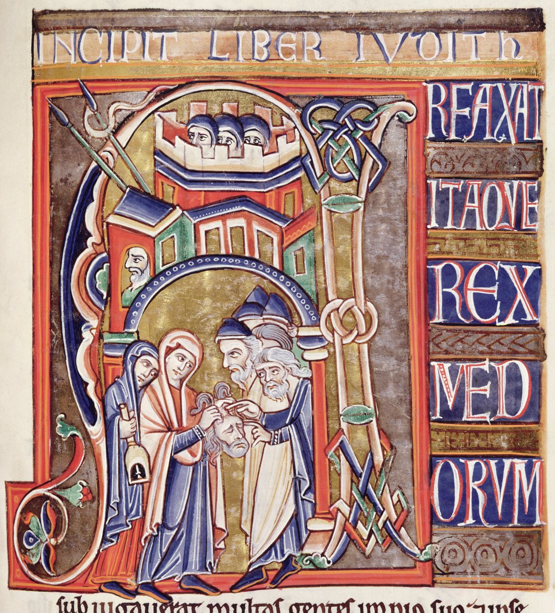 Ms 1 fol.292 Souvigny İncil'inden Judith'i Holofernes'in başıyla betimleyen tarihi başlangıç by French School