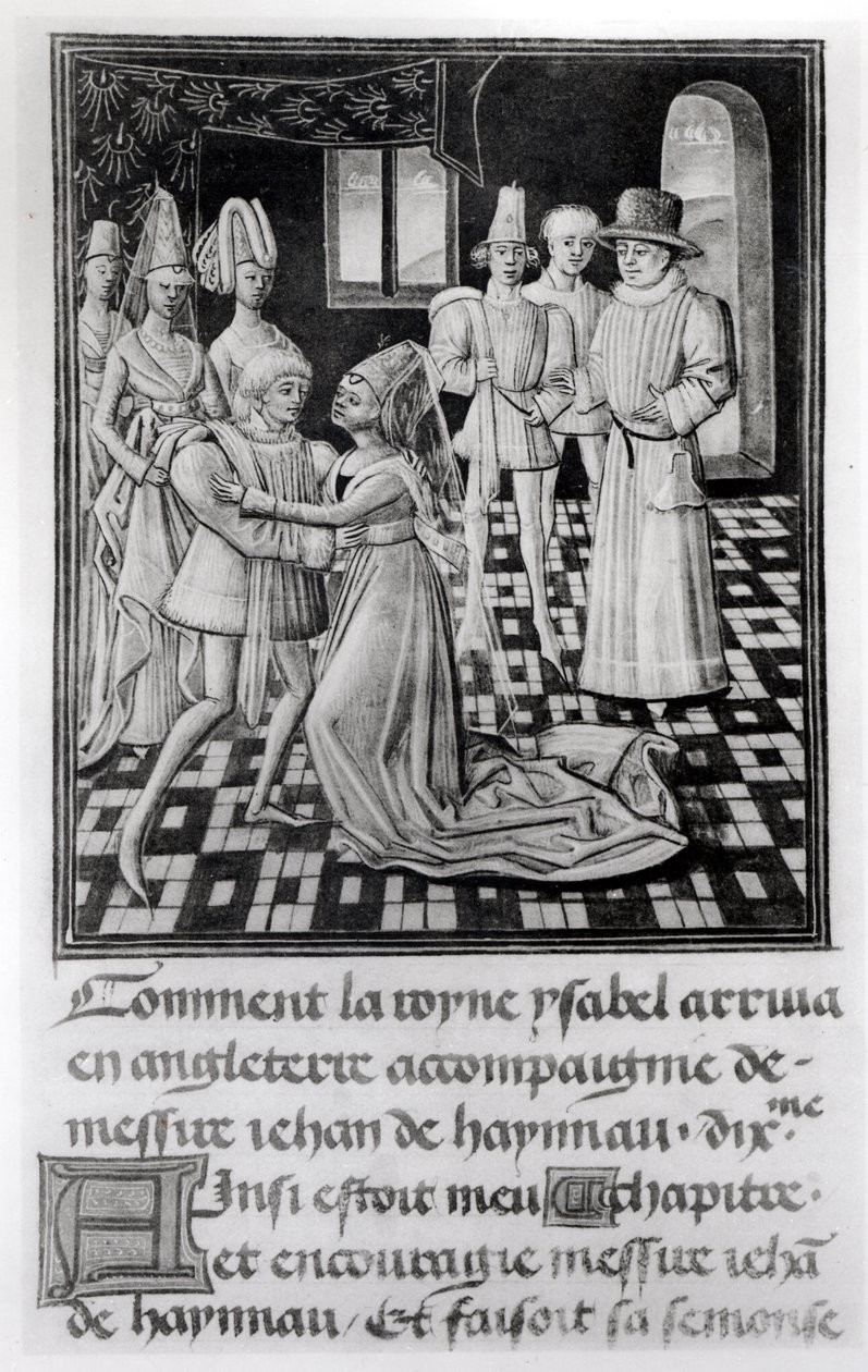 Bayan 1 fol. 6 v Fransa Kraliçesi Isabella, Froissarts Chronicle