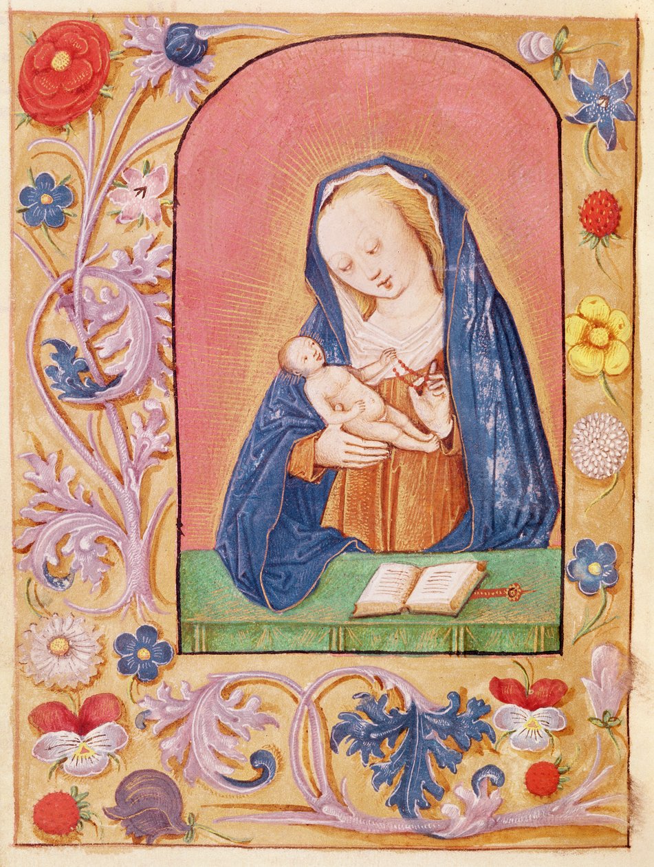 Bayan 20 fol.42v Bakire ve Çocuk, bir Saatler Kitabından, 15. yüzyılın başlarından bir tespihle oynuyor by French School