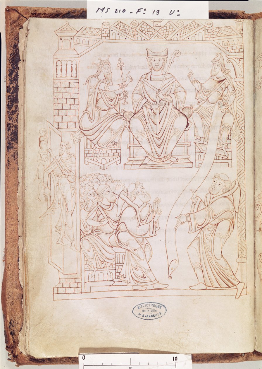 Ms 210 fol 19v. Mont Saint-Michel Cartulary: Normandiya Dükü II. Richard, Mont St. Michel manastırına topraklar ve ayrıcalıklar hediye ediyor, 1150