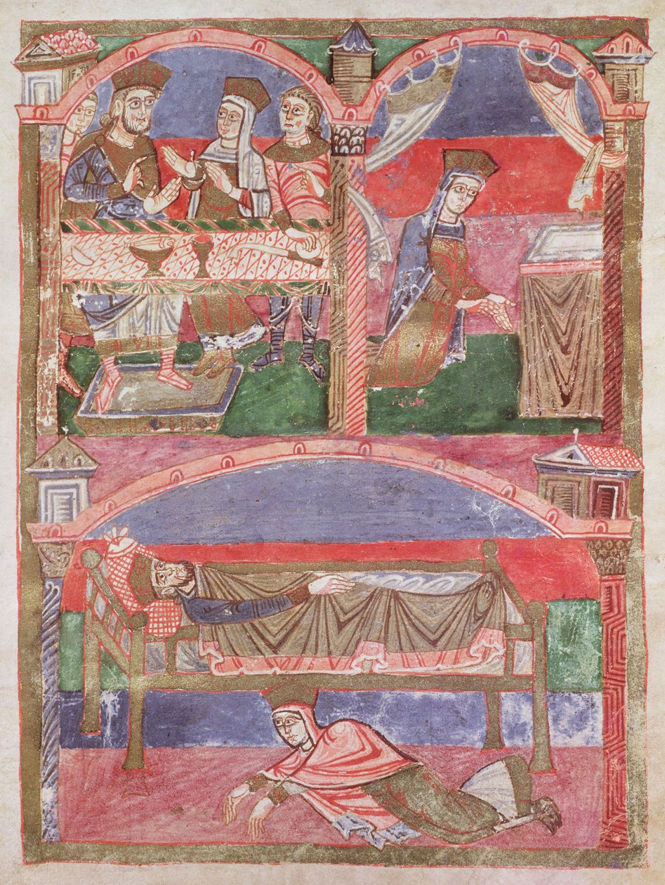 Bayan 250 f.24r St. Radegund (518-87), Clothar I (497-561) masasında, hitabetinde ve kraliyet yatağının ayaklarında, Life of St. Radegund