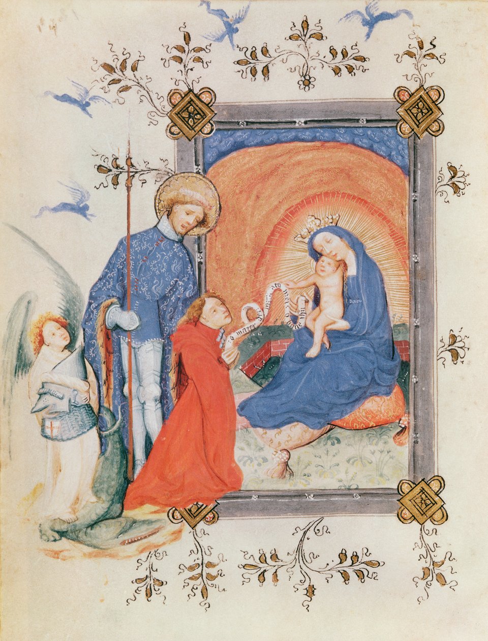 Ms 3024 fol.12v Bakire ve Çocuk, diz çökmüş bir adam ve St. George, bir Saatler Kitabından by French School