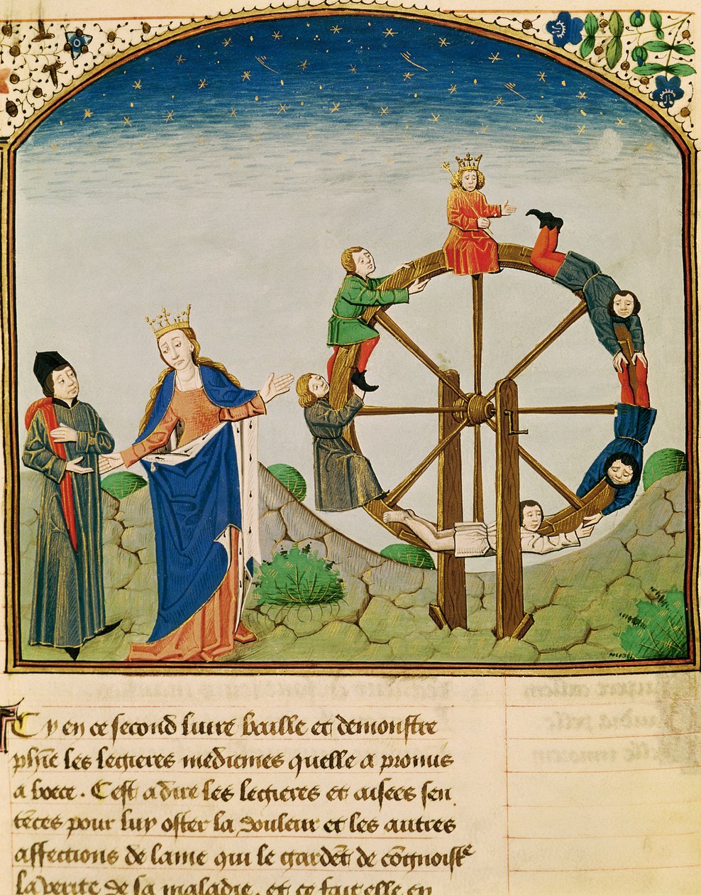 Ms 3045 fol.22v Boethius with the Wheel of Fortune, Jean de Meung tarafından tercüme edilen Felsefenin Tesellisinden by French School
