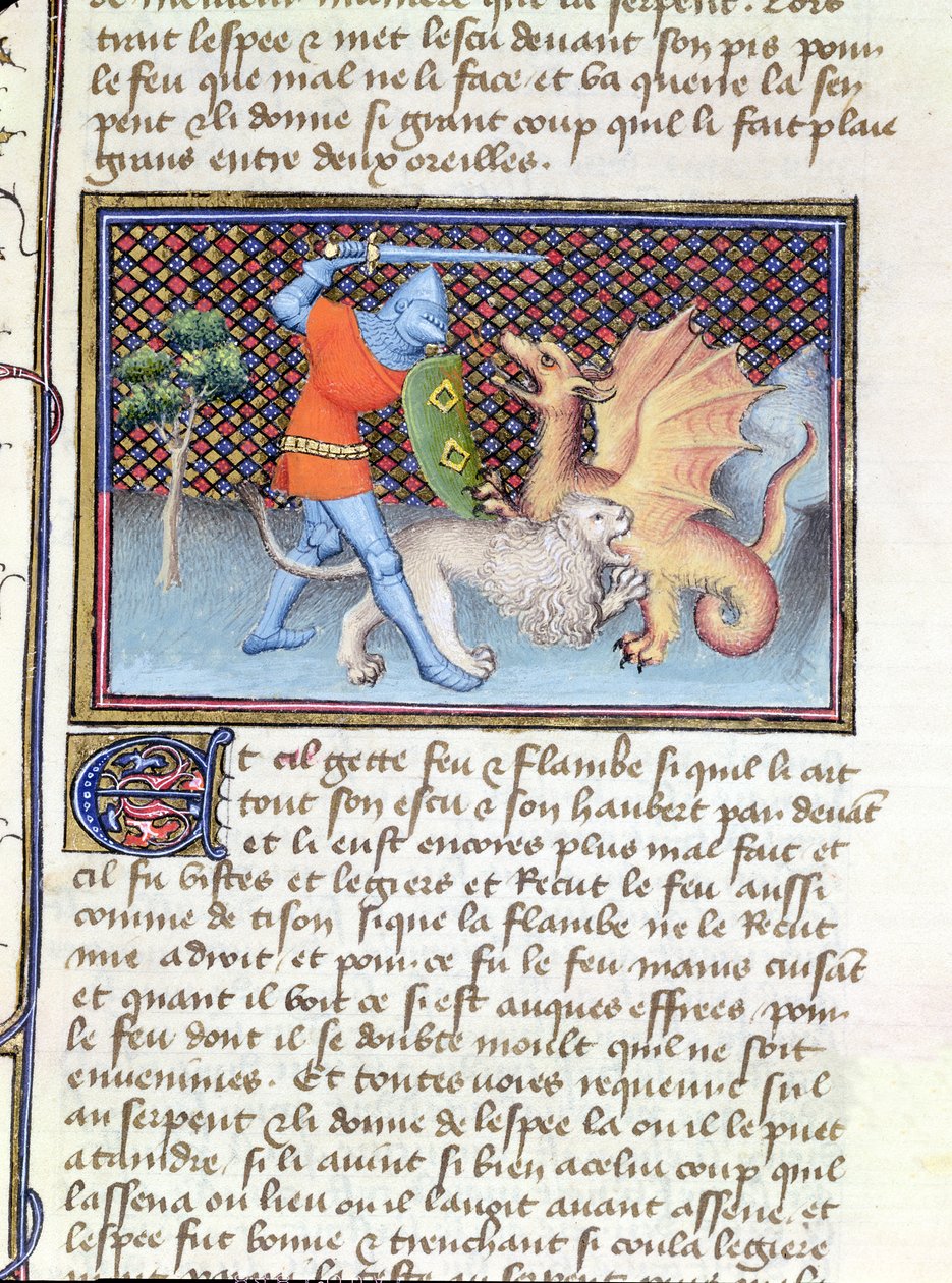 Ms 3480 Yvain, Aslanlı Şövalye, bir ejderhayla savaşıyor, Roman de Lancelot