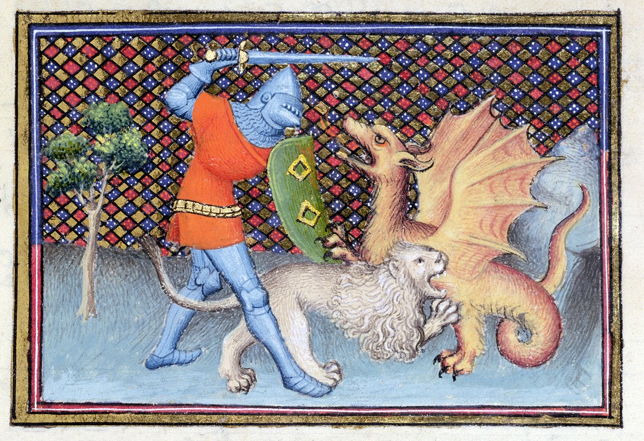 Ms 3480 Yvain, Aslanlı Şövalye, bir ejderhayla savaşıyor, Roman de Lancelot