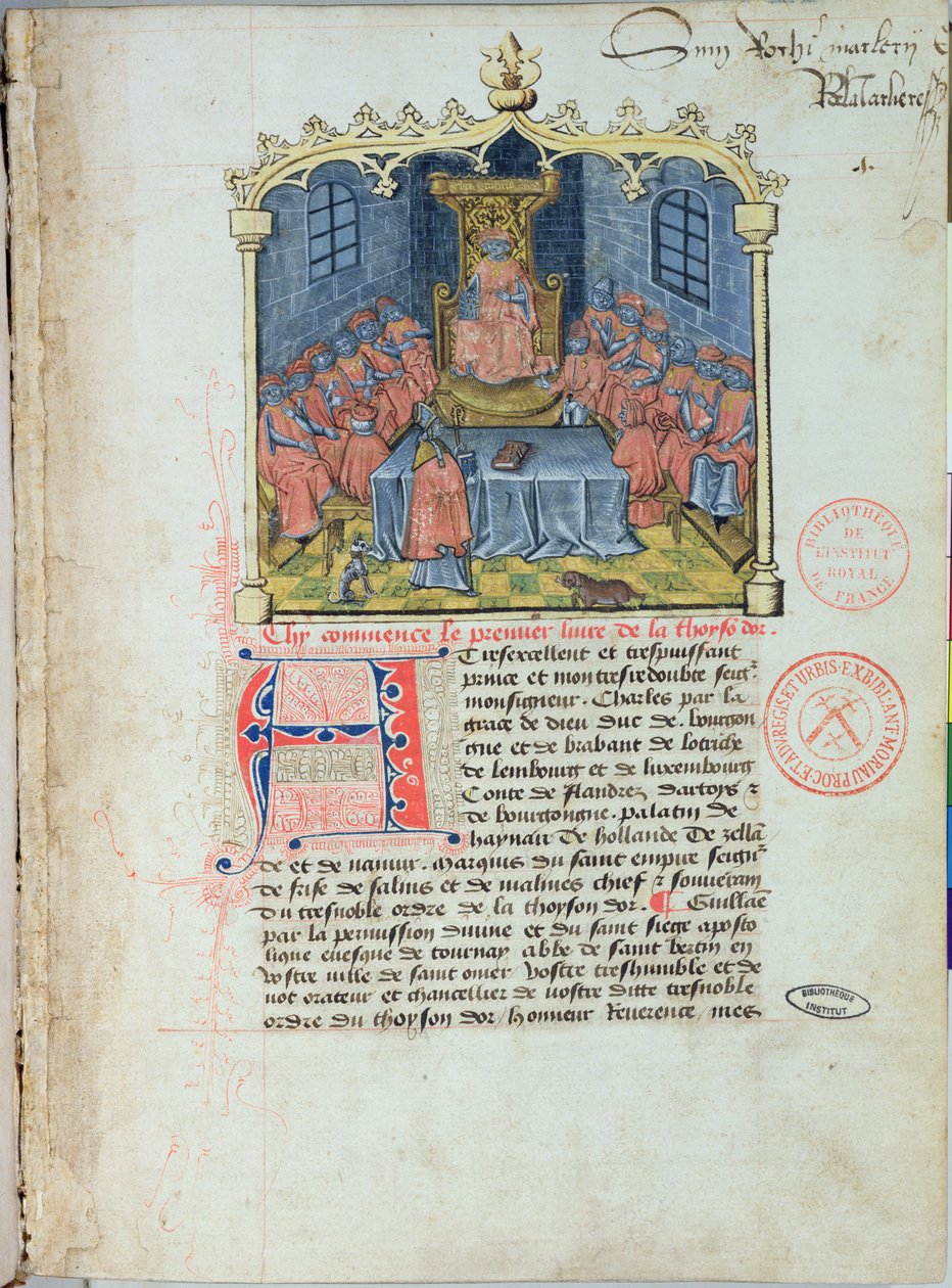 Ms 363 Cesur Charles (1433-77) Burgonya Dükü ve Altın Post Şövalyeleri, Altın Postun Tarihi, Guillaume Filastre, 15. yüzyıl ortası (ayrıca bkz. 1 by French School
