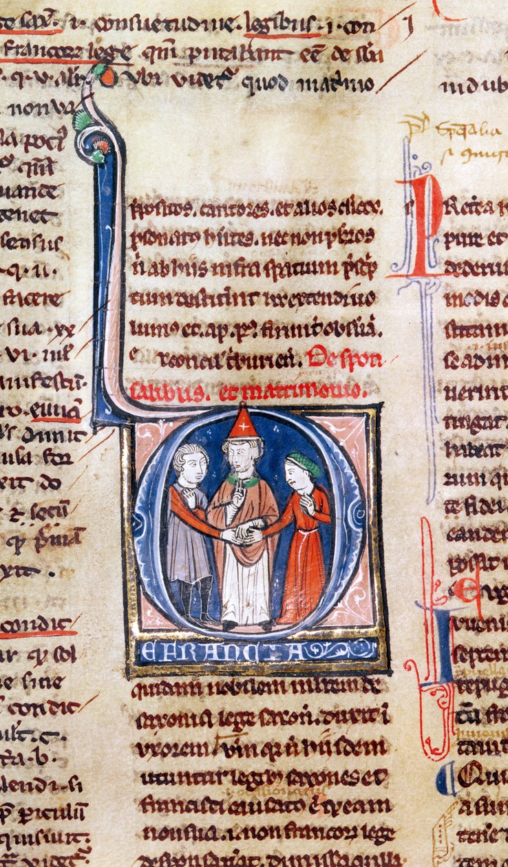 Ms 365 fol.318v Gregory IX Kararnamelerinden bir evliliği tasvir eden tarihi ilk D by French School