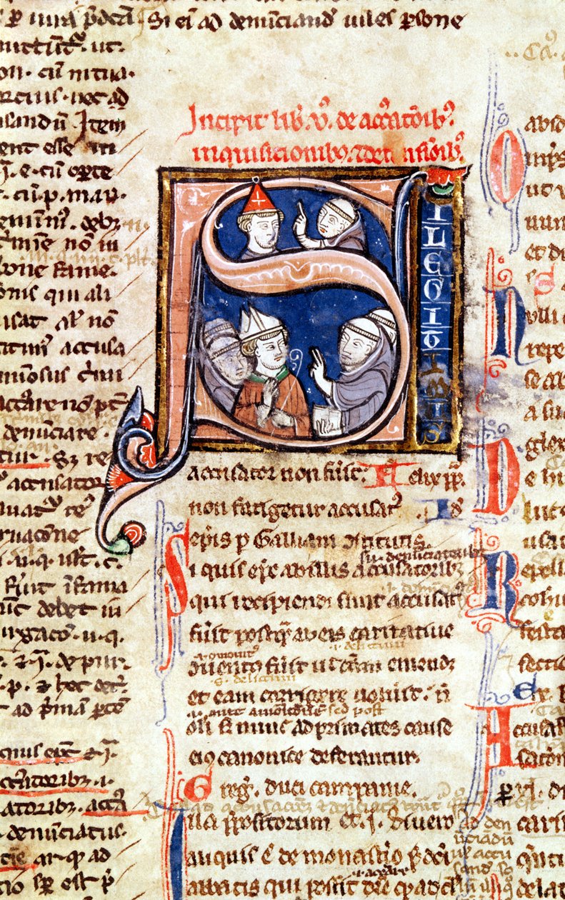 Ms 365 fol.350 Papa Gregory IX'u (1220-50) piskoposlar ve başrahiplerle betimleyen, Gregory IX'un Decretal'lerinden alınan tarihi ilk S by French School