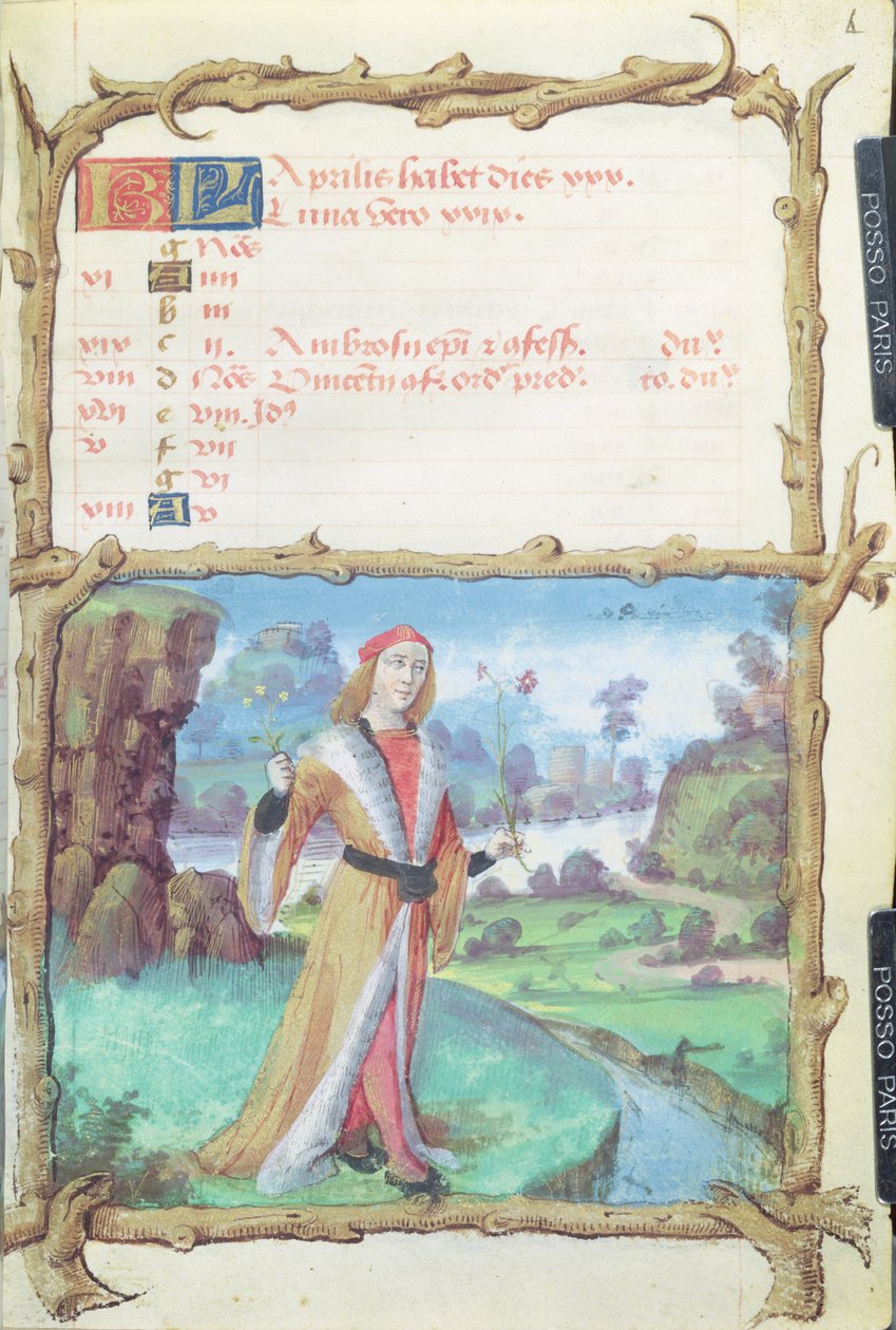 Ms 438 Nisan Ayı: Bir Saatler Kitabından Çiçek Toplayan Bey, 1490 by French School