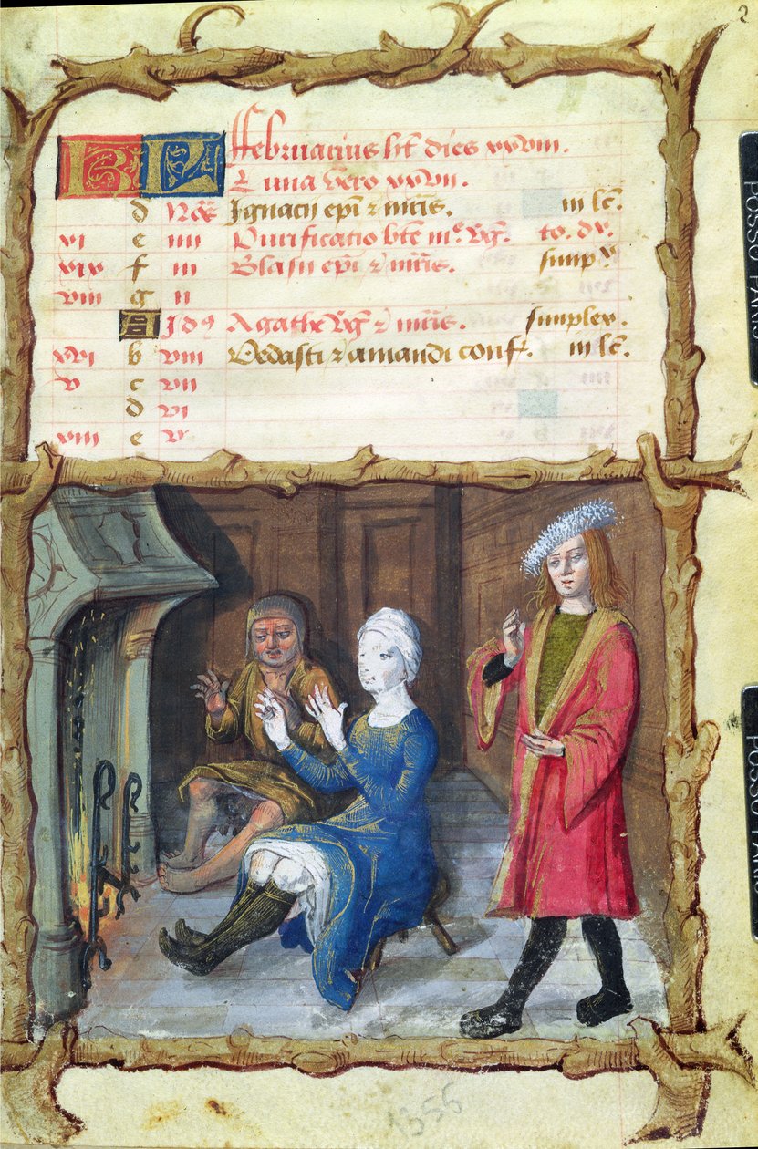 Ms 438 Şubat Ayı: Ocağın Önünde Isınmak, Bir Saatler Kitabından, 1490 by French School