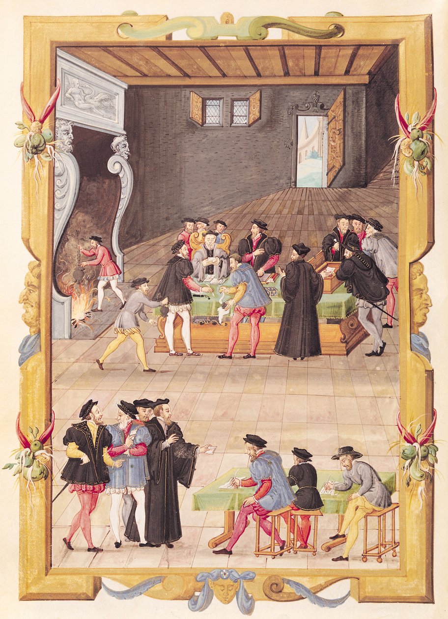 Ms 5169 f.2v Noterler Koleji ve Kral Sekreterleri Salonundaki Noterler ve Kral Sekreterleri by French School