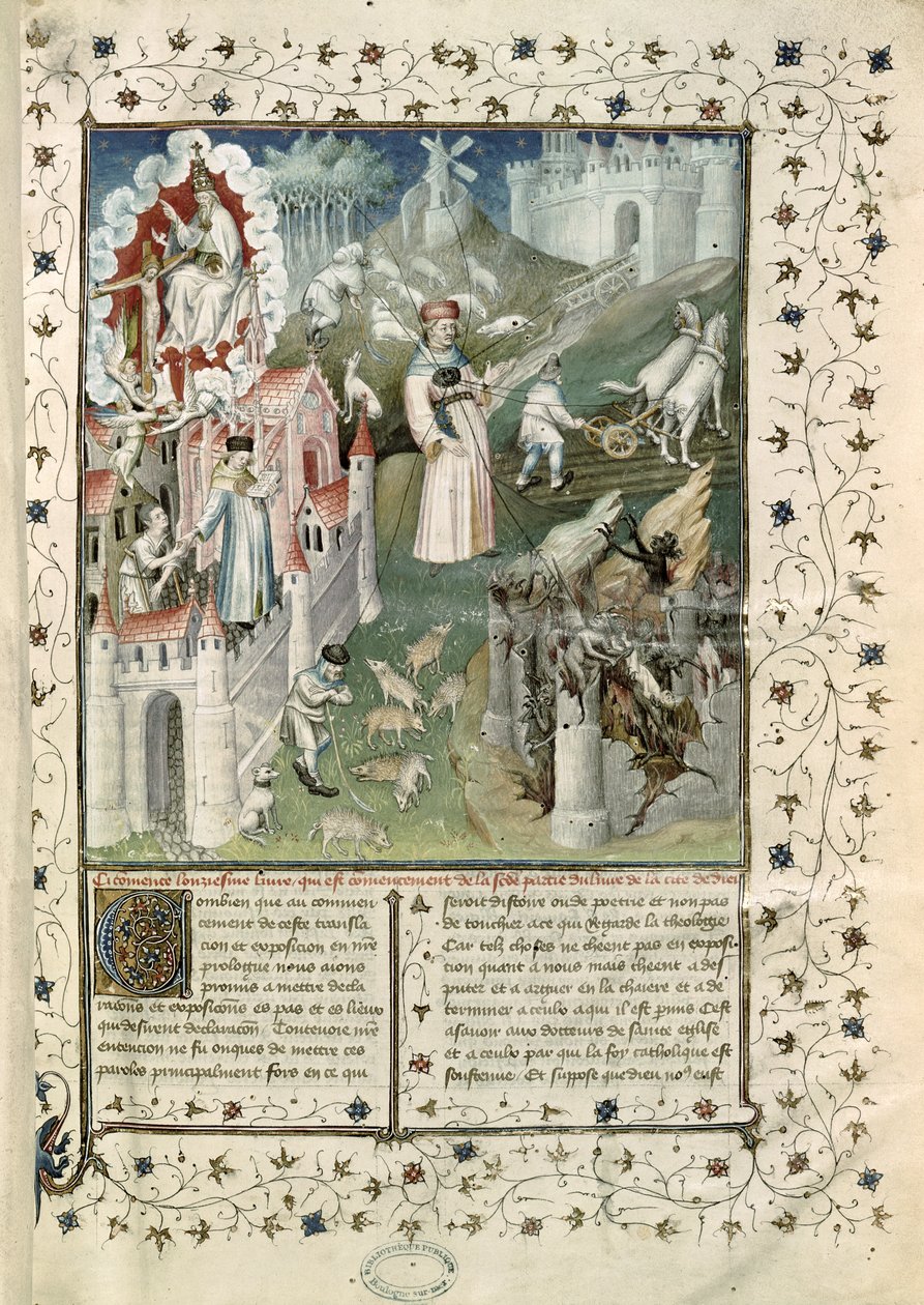 Ms 55 t.2 fol.3 The City of God, the City of Caen and the City of Vices, La Cite de Dieu