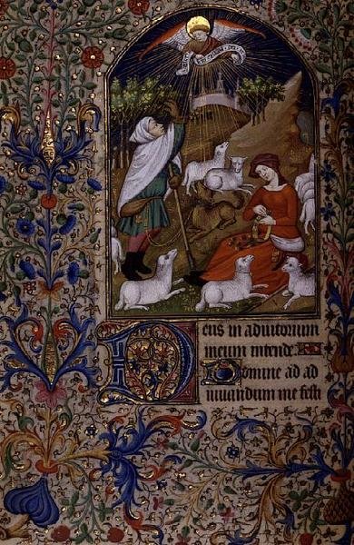 Ms 63 f.60v Angel bir çobana görünüyor, bir kadın bir Saatler Kitabı