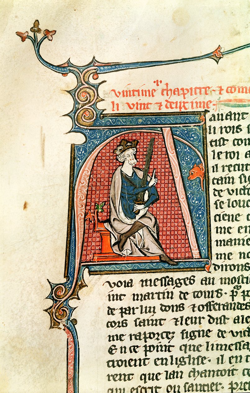 Ms 682 fol.17v Oturmuş bir kralın iki ucu keskin bir kılıç tuttuğunu betimleyen, tarihi geçmiş ilk A by French School