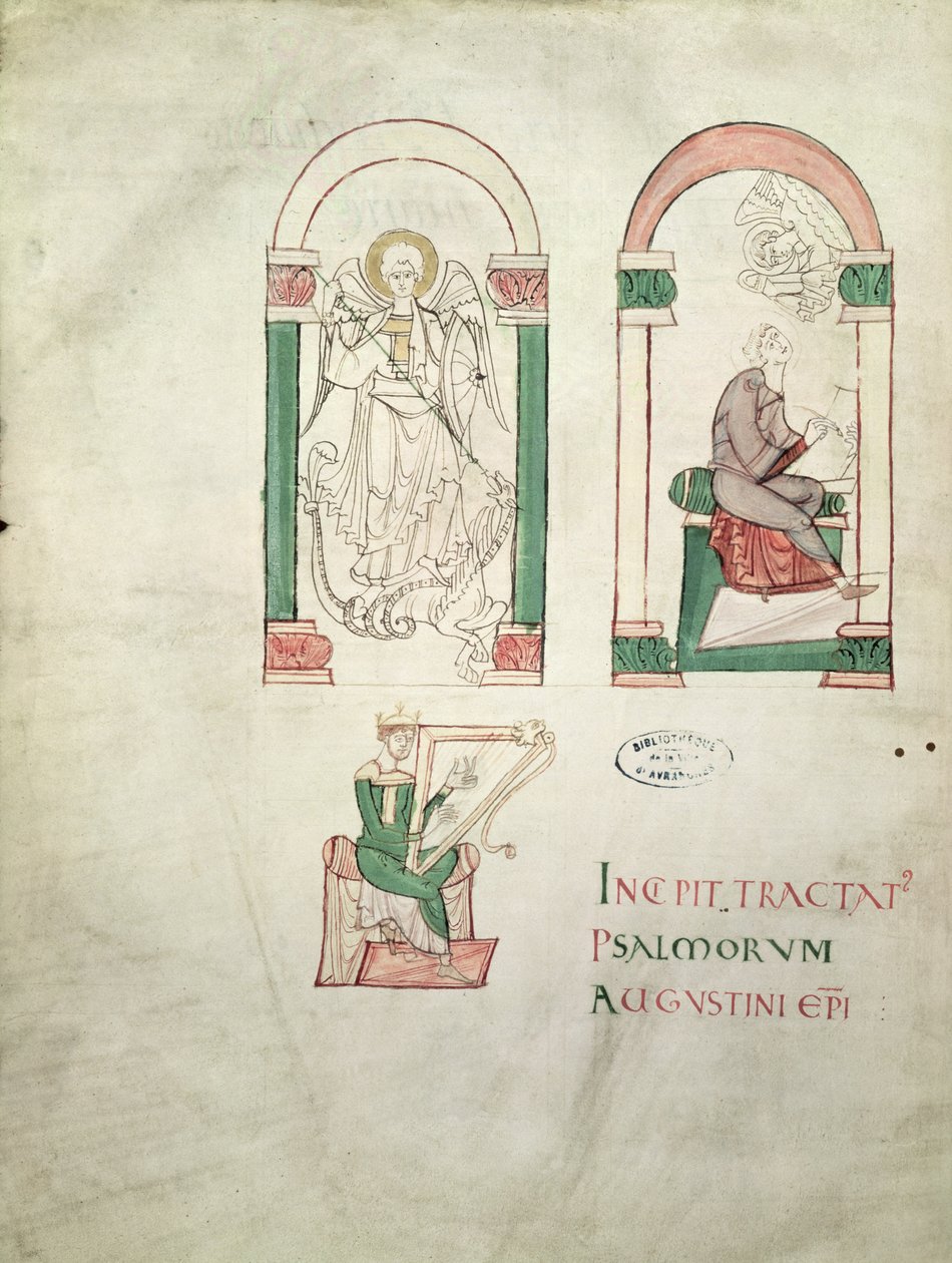 Ms 76 St. Michael, St. Augustine Yazma ve St. David Arp Çalıyor, Saint Augustin Super Psalmos
