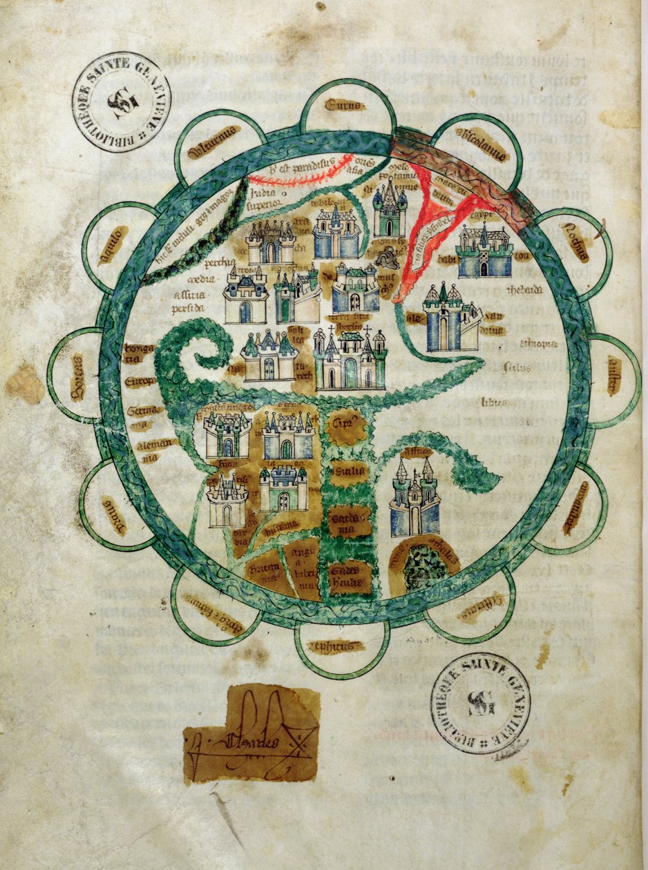 Ms 782 fol.16v. Bir küre şeklinde dünya haritası, Grandes Chroniques de Philippe le Hardi