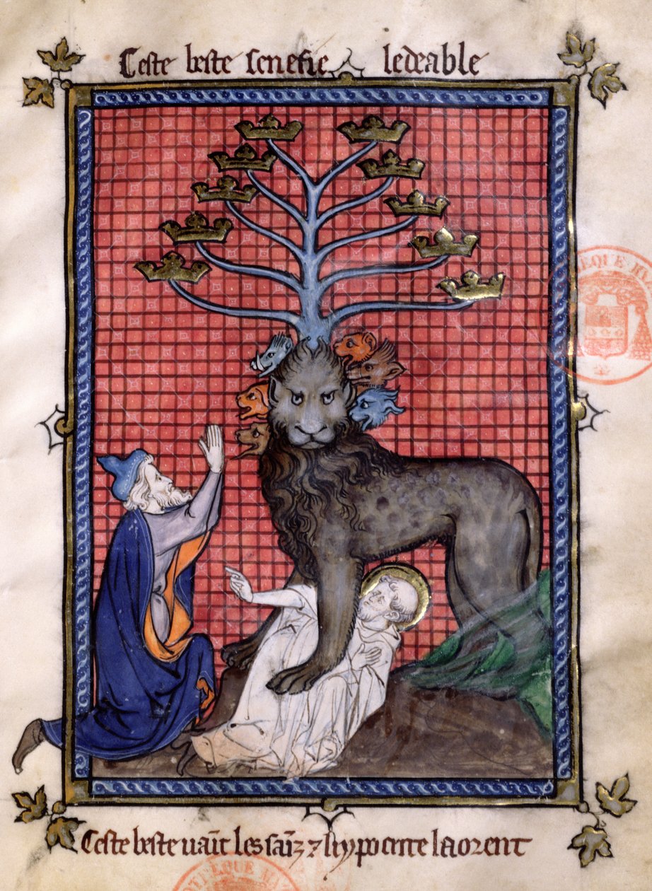 Ms 870 Fol.8 Kıyametin Yedi Başlı Canavarı Bir Münafık Tarafından Saygı Gösterilip Bir Azizi Ezmek, La Somme le Roy, Frere Laurent, Aydınlatılmış Maitre Honore by French School