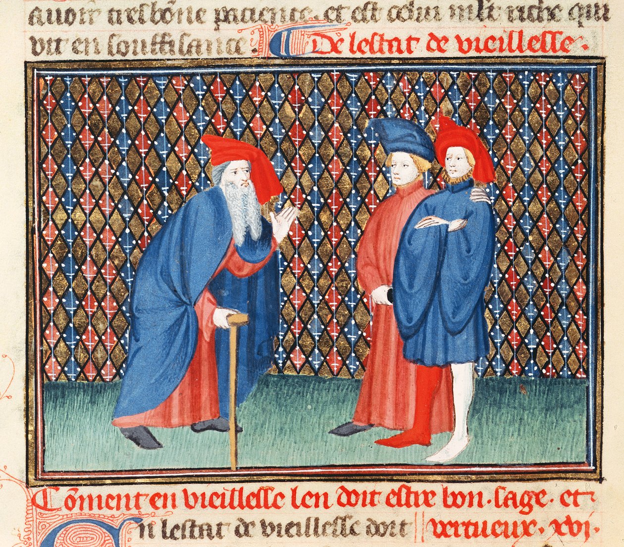 Ms Fr 1023 fol.57v Yaşlılar nasıl iyi, bilge ve erdemli olmalıdır, Jacques le Grant tarafından yazılan İyi Ahlak Kitabı