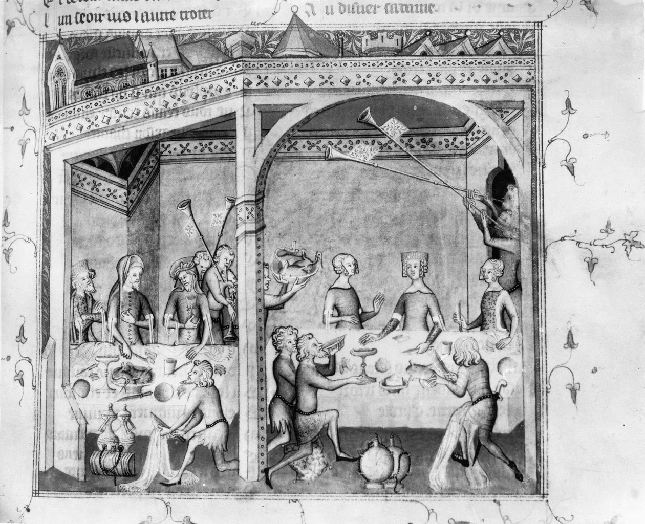 Ms Fr 1584 Bir ziyafette eğlenen müzisyenler, c.1370 (el yazması) by French School