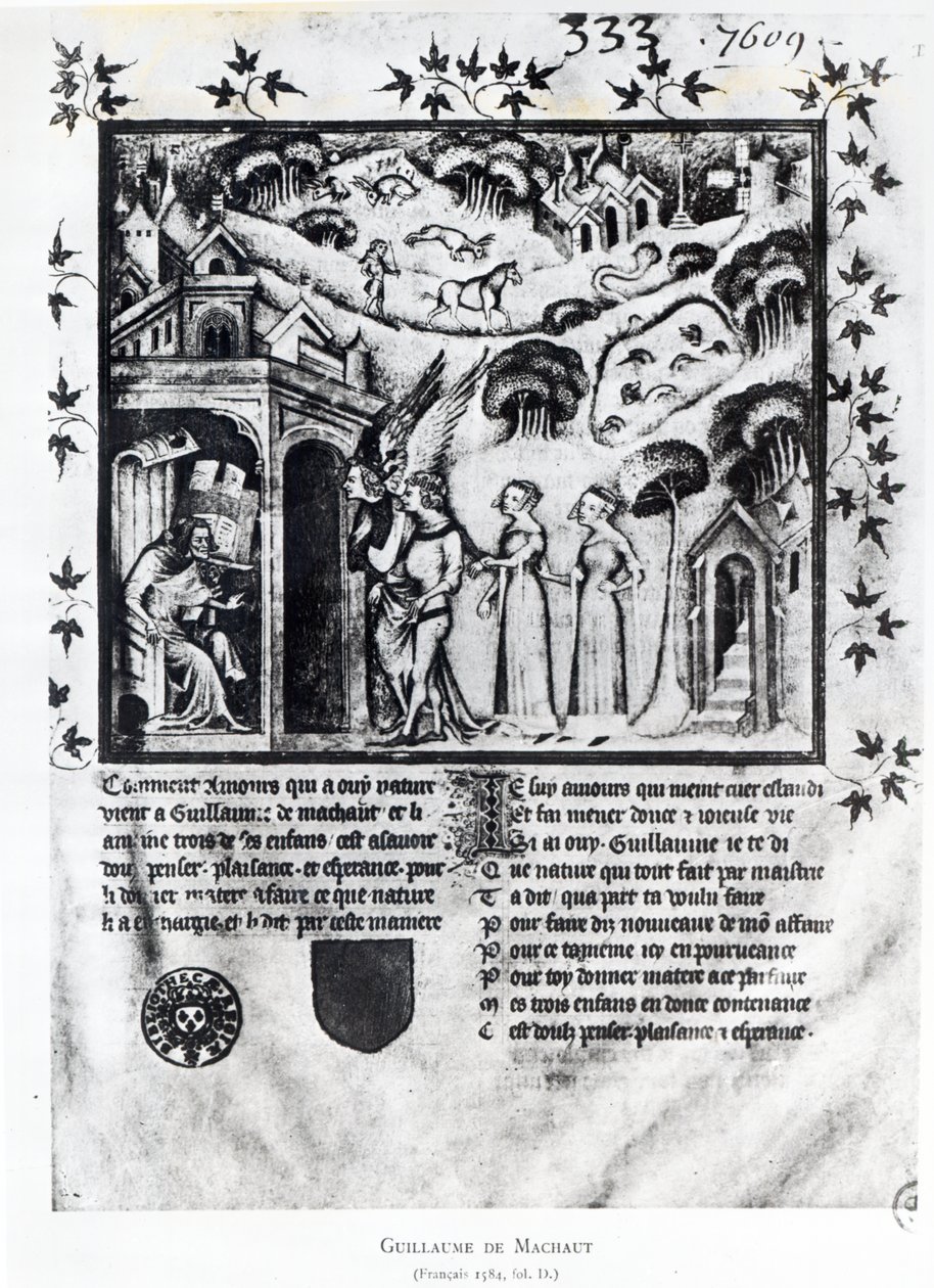 Ms Fr 1584 f.D Kendisine Tatlı Düşünceler, Zevk ve Umut getiren Sevgiyi alan yazar, c.1370 (el yazması) by French School
