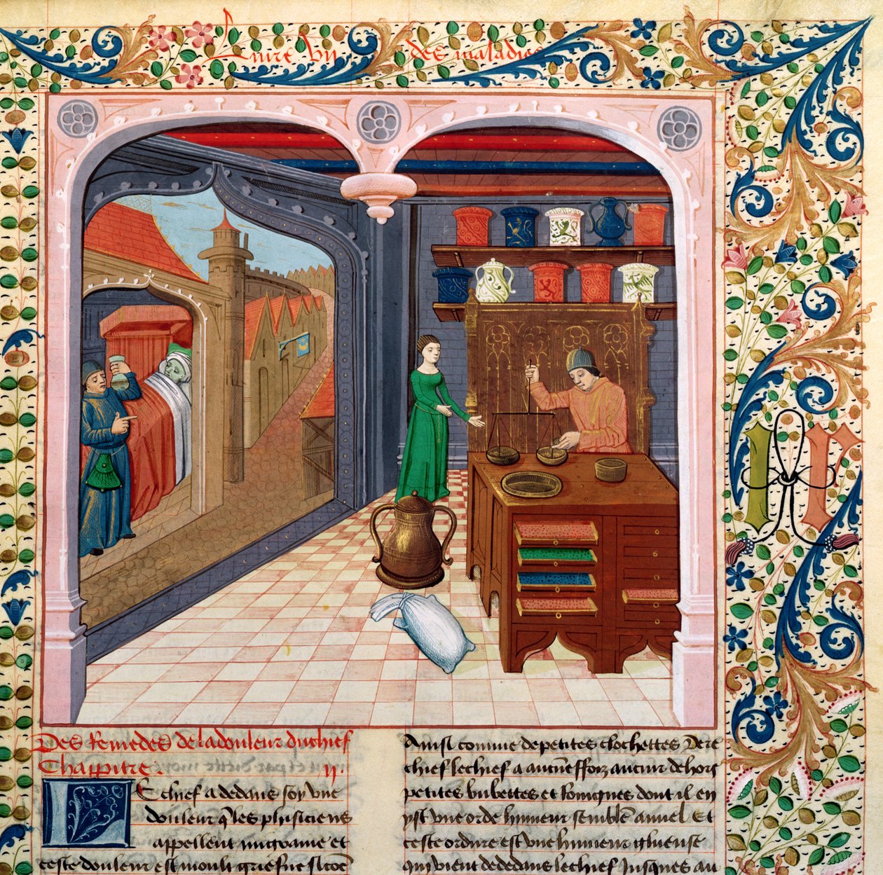 Bayan Fr 218 fol.111 Yatağında bir hasta ve ilaç hazırlayan bir eczacı, Barthelemy lAnglais tarafından Le Livre des Proprietes des Choses by French School