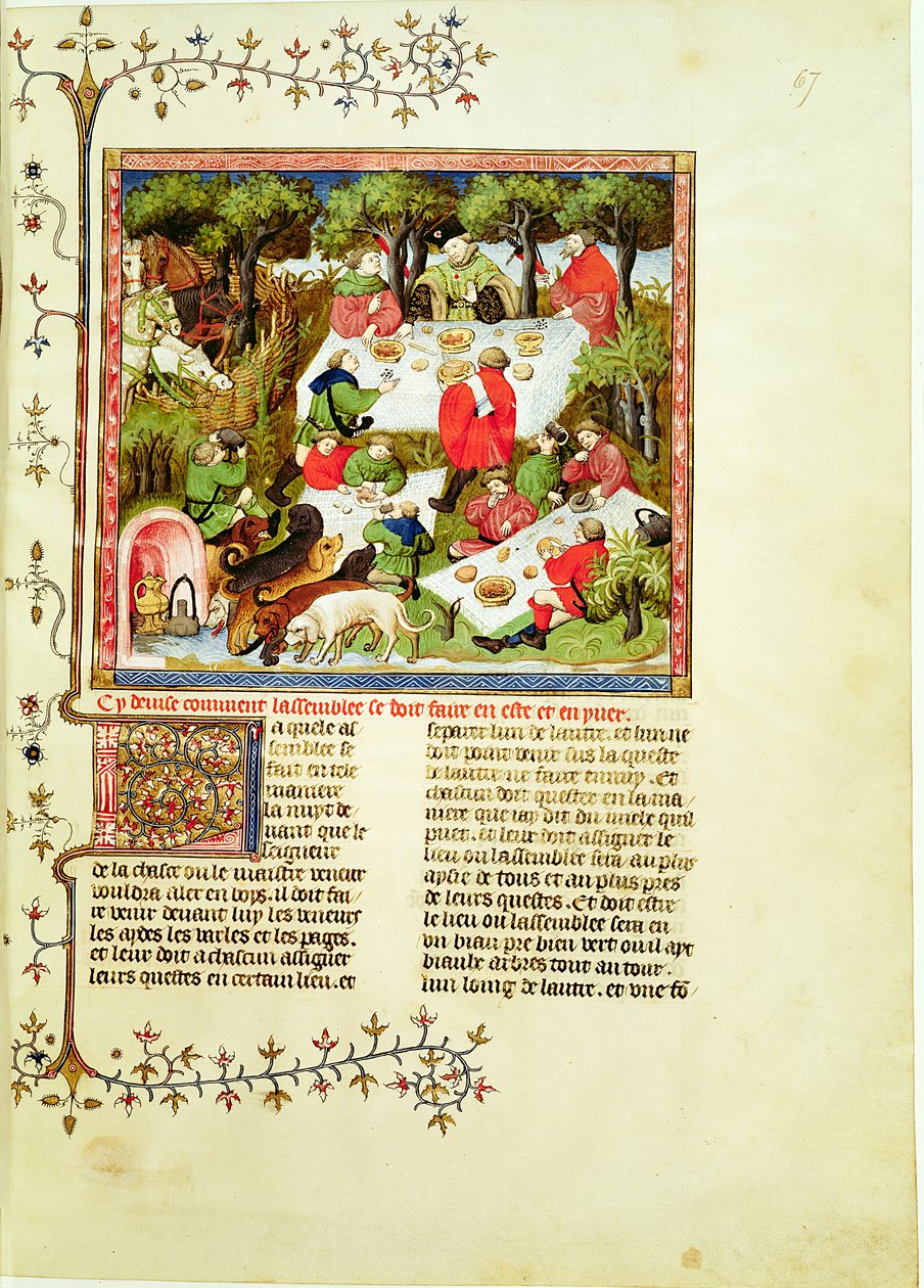 Bayan Fr 616 fol.67 Geyik avından önce şölen yapan avcılar, Livre de la Chasse