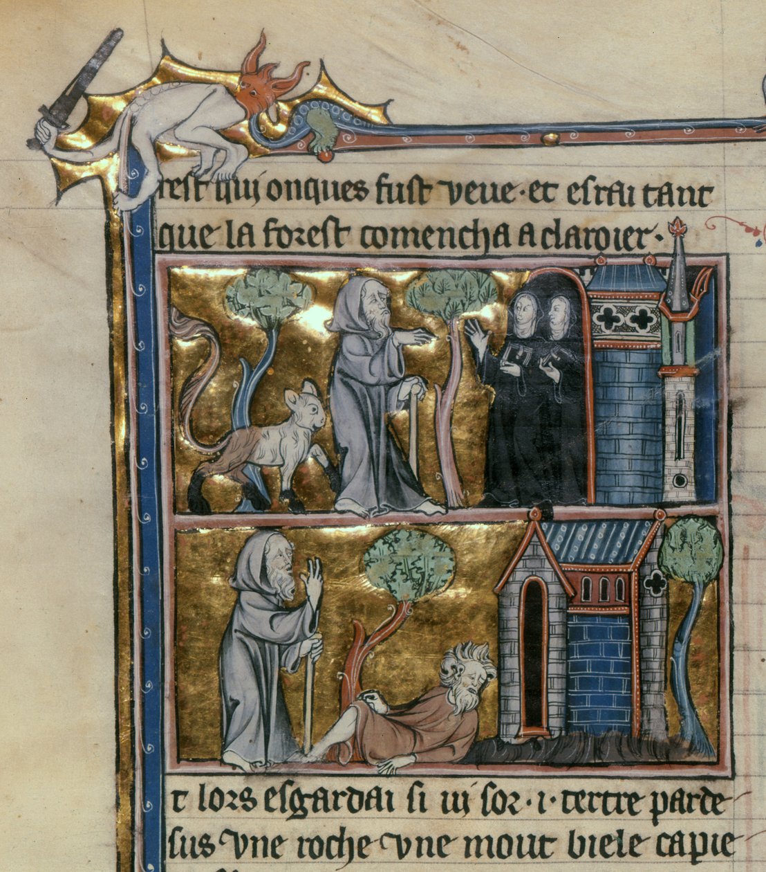 Ms Fr 95 f.4v Hermit ve canavar, lHistoire du Saint Graal