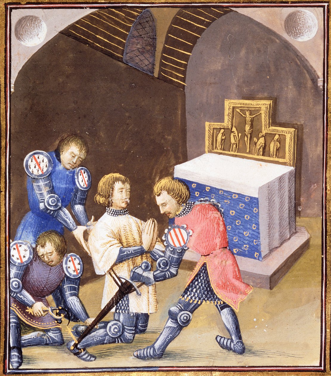 Bayan Fr 99 f.561 Galahad, Kâse Görevine gitmeden önce şövalyelik ritüelinde bir kılıç ve mahmuzlar alıyor by French School