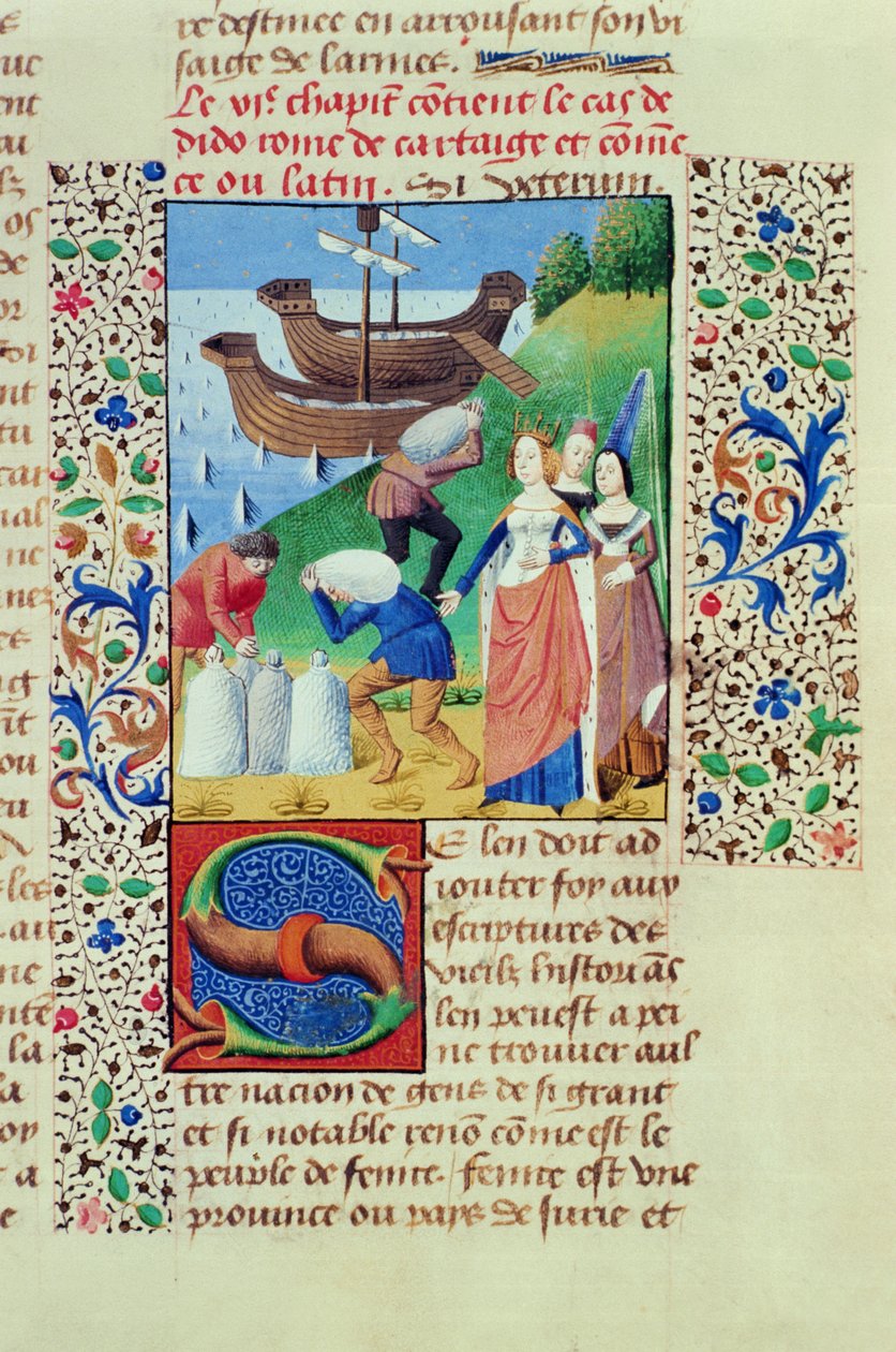 Ms Hunter 208 f.67r Dido, Sychaeus Hazinesine binerken, Prenslerin Düşüşünden, Giovanni Boccaccio (1313-75) 1472 by French School