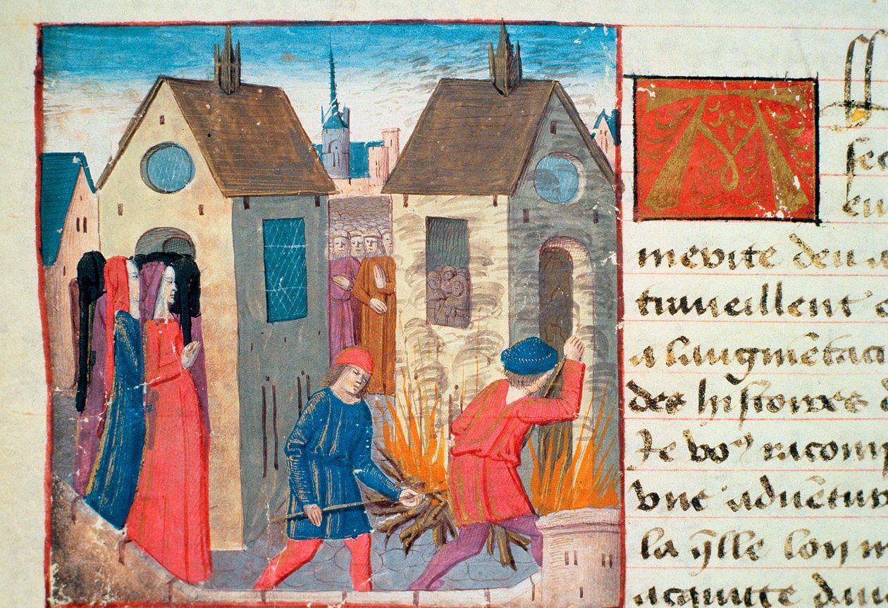 Ms Hunter 252 f.75v Bir evi yakmak, Les Cent Nouvelles Nouvelles, 1462 by French School