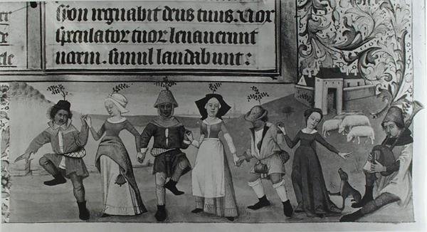 Ms Lat 1173 f.20 Pastoral Dance, from the Hours of Charles dAngouleme, c.1480 by French School