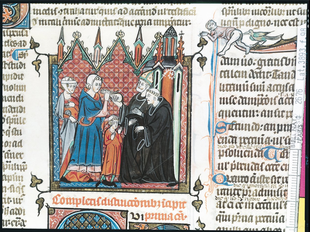 Ms Lat 3893 Fol.98 Ebeveynler, oğullarını manastıra götürmek için piskoposa para teklif ediyor, 1314 by French School