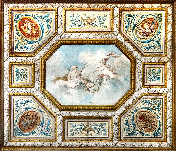 Putti oyun aletleri ile müzik odası tavanı (kağıt üzerine suluboya ve guaj) by French School