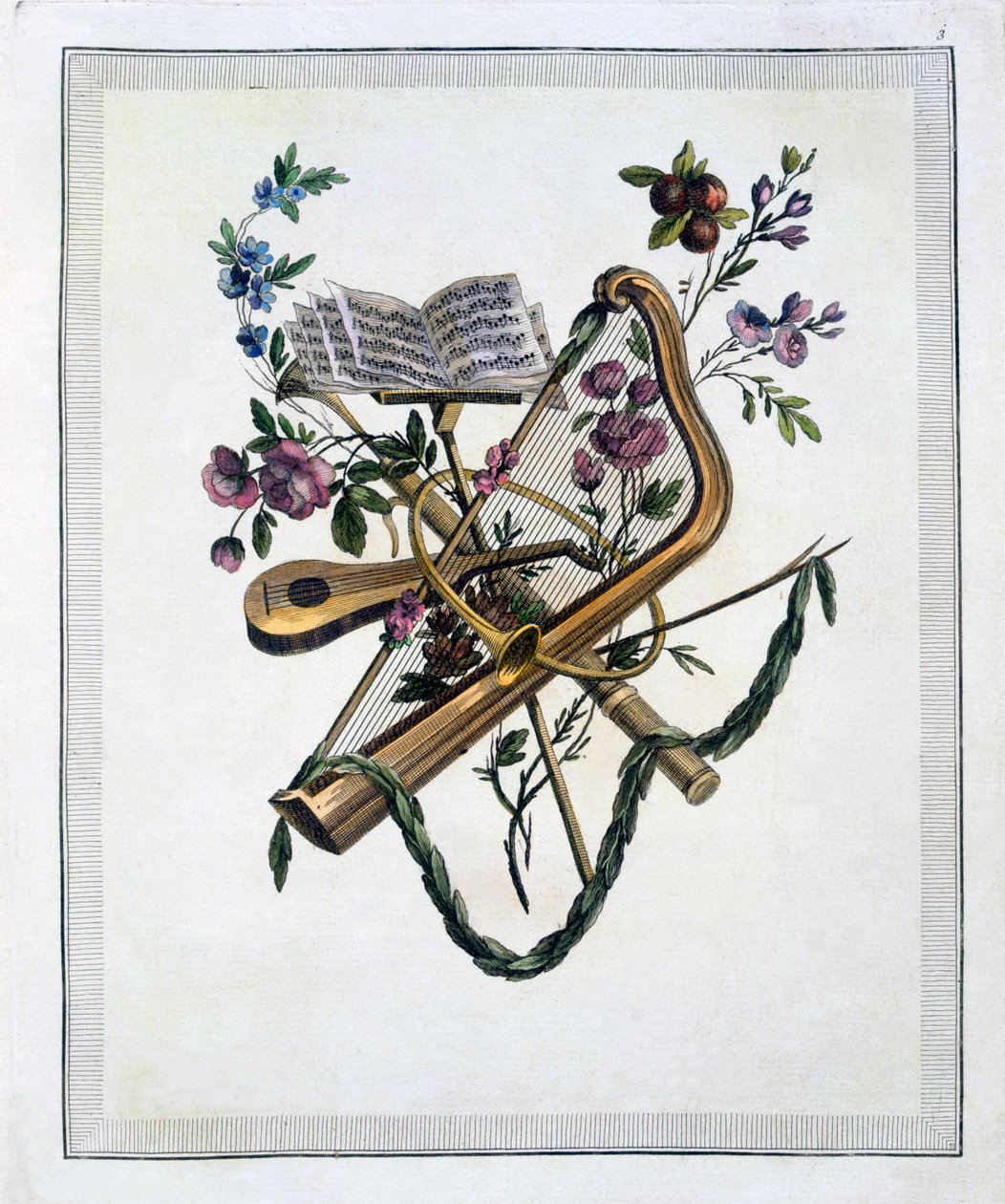 Oppenords tasarımlarının oyulmuş plakalarından oluşan bir kitaptan müzik aletleri, 1745rn yayınlandı by French School