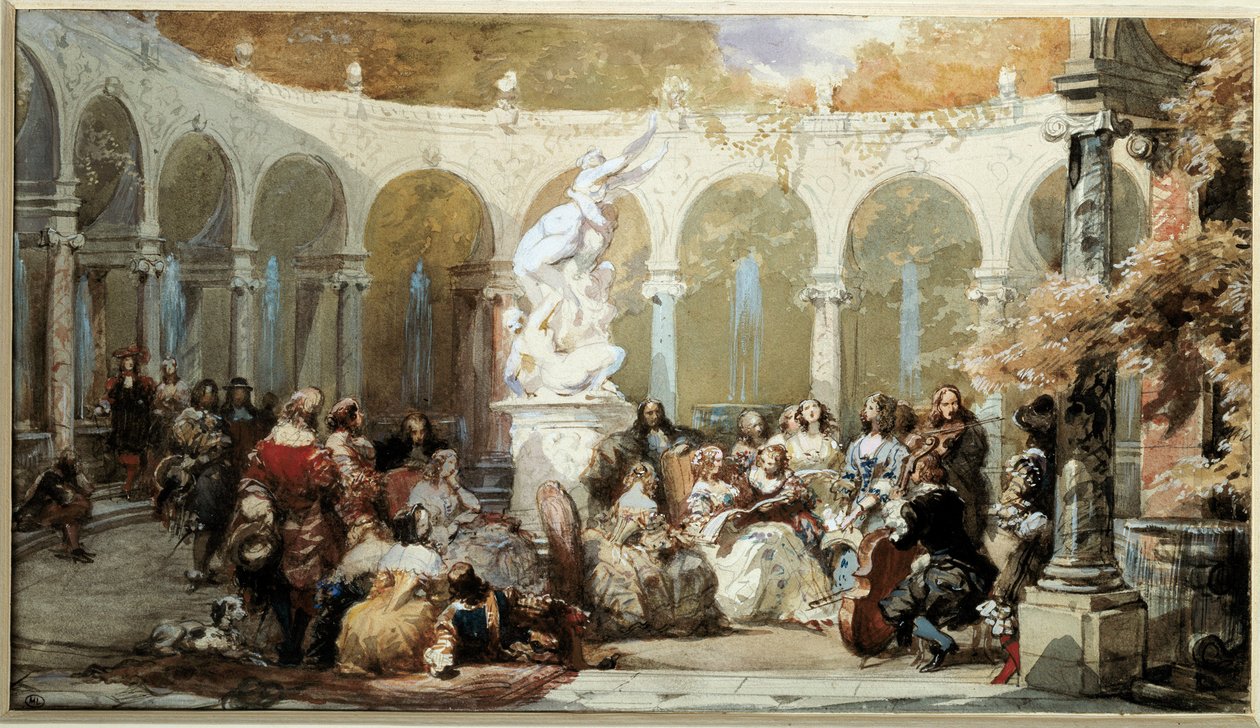 Versay bahçelerinde müzikal sahne. suluboya by French School