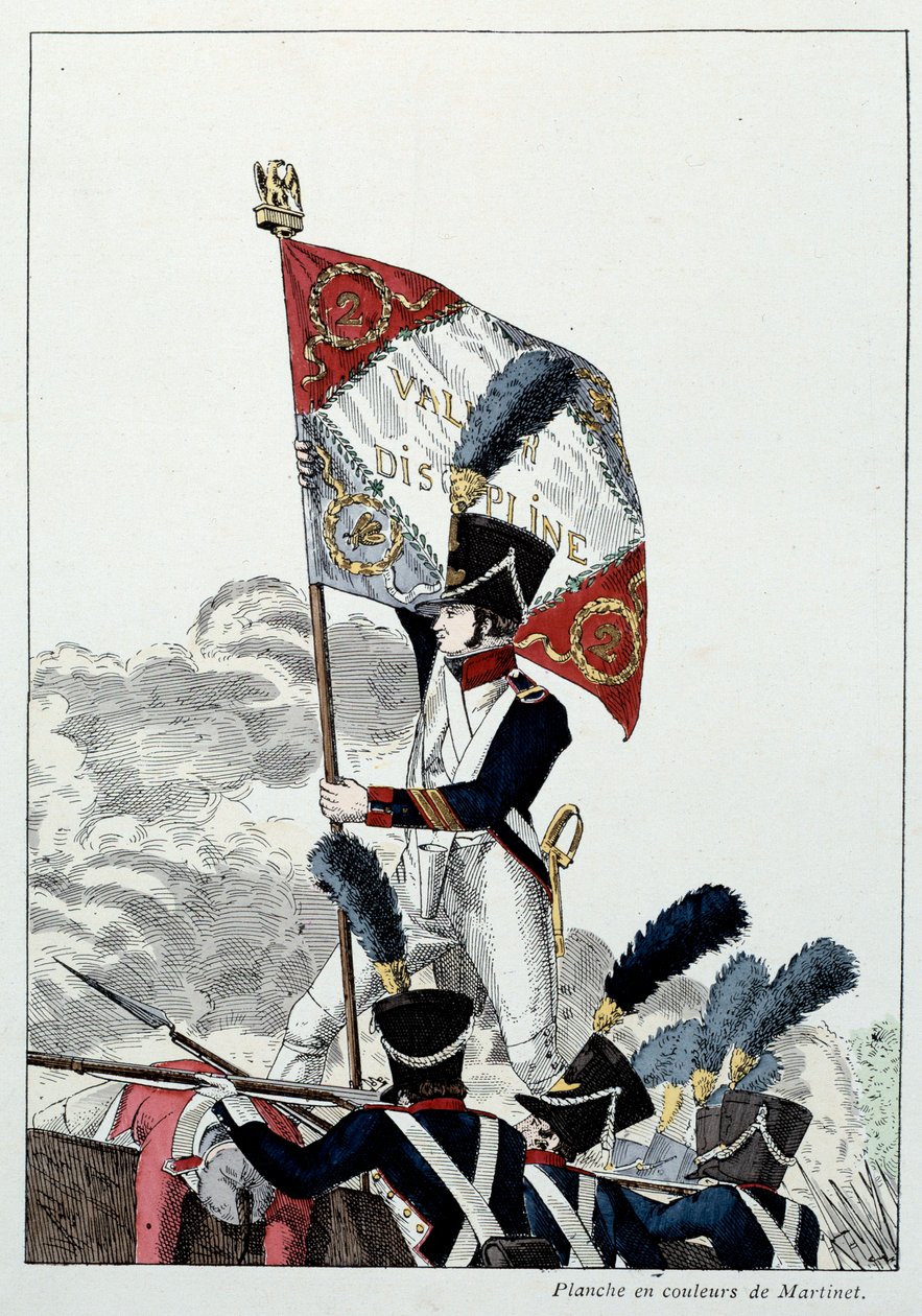 Napolyon Ordusu: Hat Piyadesi. Başçavuş, büyük ölçüde yok olan bir korkuluğun üzerine kartalını dikiyor. Martinet tarafından gravür (19. yüzyıl) 1808. Malmaison, Musee Du Chateau. by French School