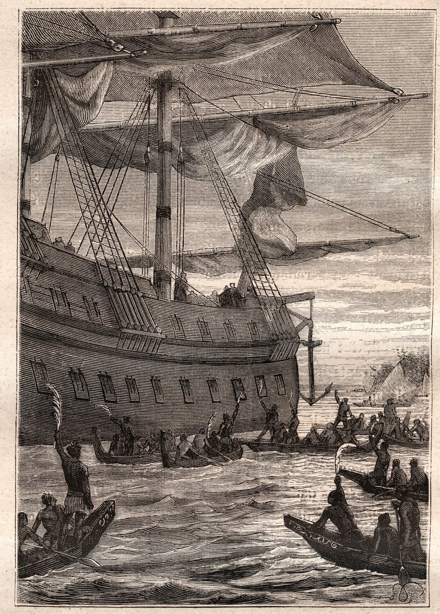 Yerli halk ellerinde muz ağaçlarının dallarını tutuyordu: Samuel Wallis'in Polinezya'ya yaptığı yolculuk (1728-1795) - karşılama selamı olarak muz dallarını tutan yerli halk - “18. Yüzyılın Büyük Denizcileri”nden alınan örnek” by French School