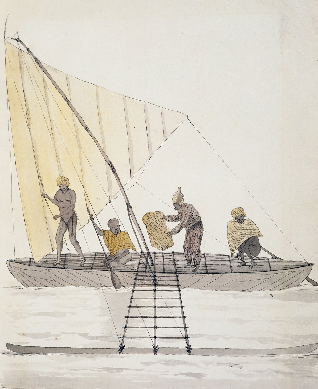 Iles Basses yerlileri ve dengeli yelkenli kano, suluboya Jules-Louis Lejeune, Duperrey