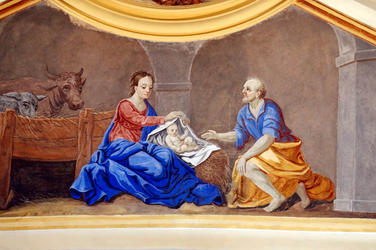 Doğum sahnesi. Kutsal Aile. Aziz Nicolas de Veroce kilisesi. Fransa boyama. by French School